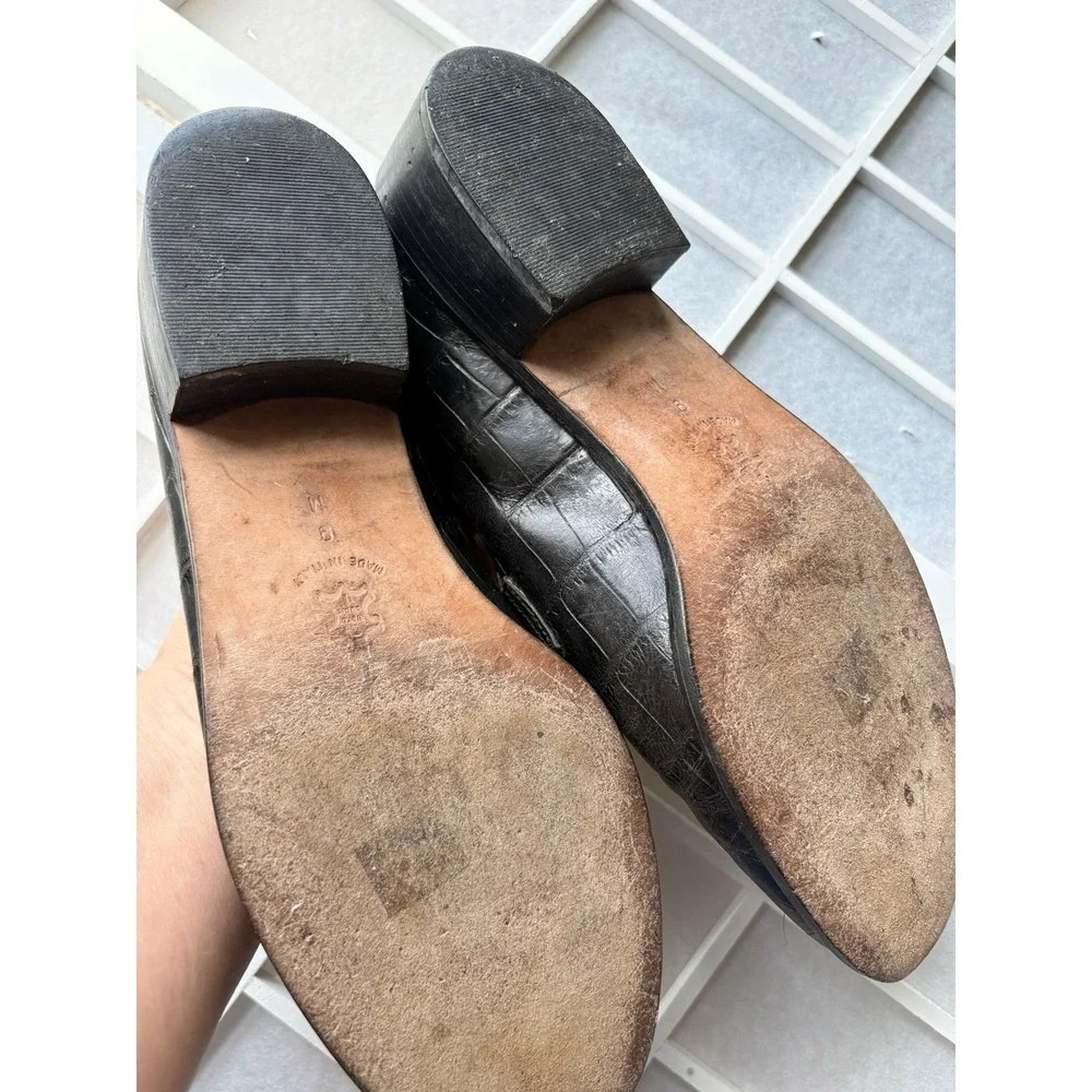 VTG‎ Vero Cuoio Black Croc Embossed Italian Leather Loafers Silver Buckle Sz 9M